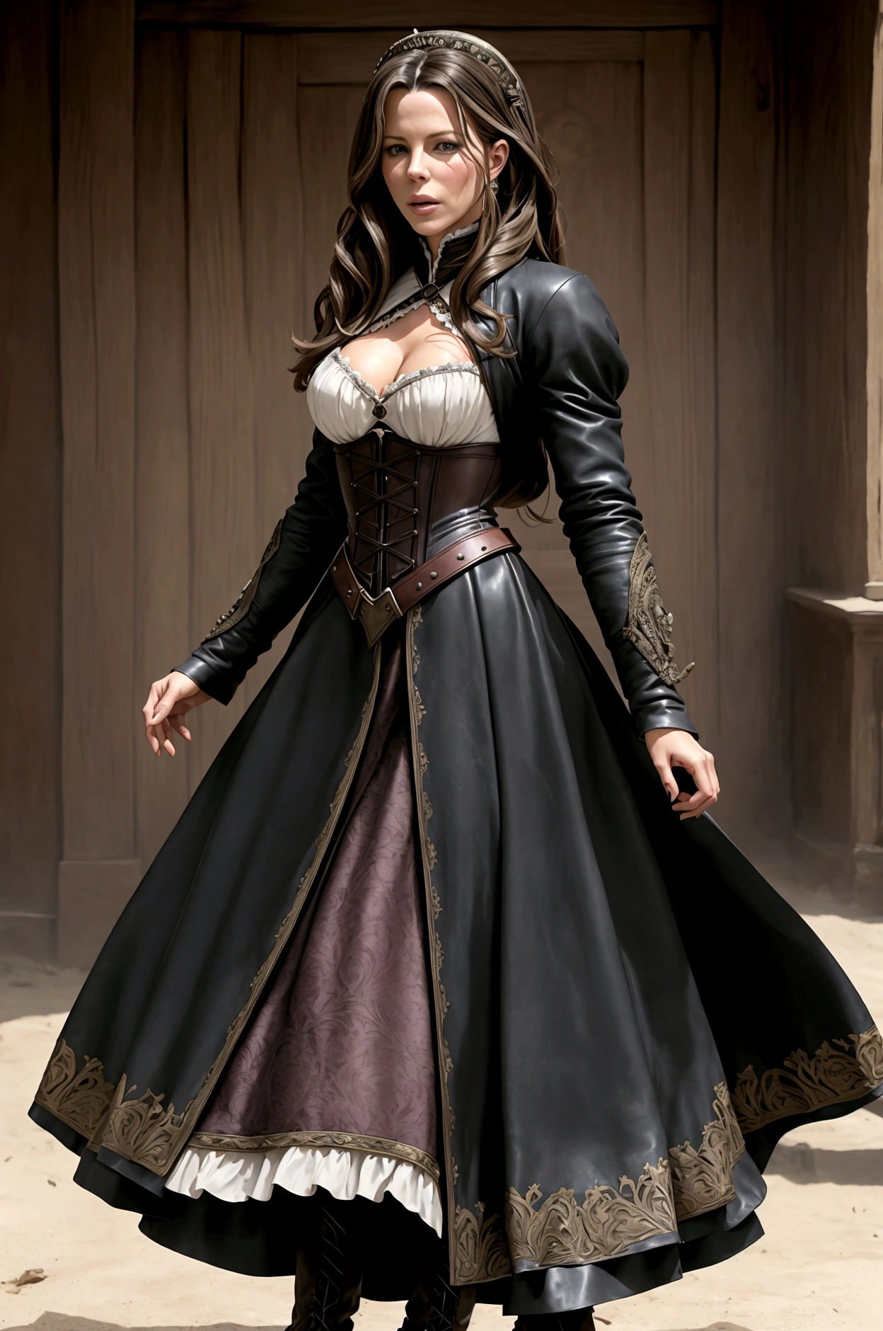 (Kate Beckinsale) as Anna Valerious is often seen wearing period clothing that reflects her noble status and combat life. She wears a combination of traditional Romanian attire with practical elements for monster hunting., including corsets, long skirts, combat boots and a leather coat.