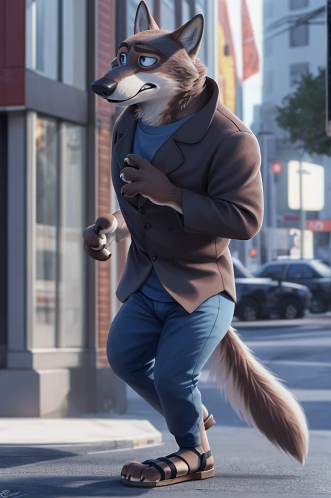 Emilia (Zootopia), wolf, Gray Fur, (brown body:1.3), Blue eyes, Zootopia, dressed,blue jacket,shirt,blue pants,red,women&#39;sandals,female breast,canine, wolf, detailed fur, Female, second, paw pads, finger claws, At the viewer, 5 fingers, paws, 5 fingers,I&#39;m sitting in the office and working,mood,open mouth, cameras with flash, loves,розовые women&#39;sandals, 
BREAK from nextel, for dating, by xenoforge, (difficult, high detail, film photography, soft focus, RAW, fluororealism, realistic, photorealistic, analog style, Subsurface scattering,стесняется носить sandals на каблуках, 
masterpiece, Best quality, ultra realistic, 8 thousand.)