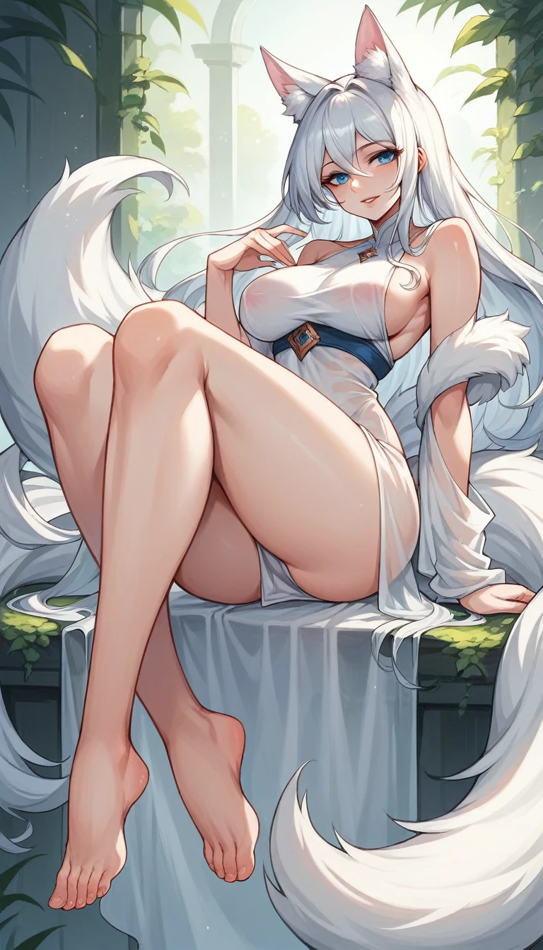 high detail, super detail, super high resolution, high quality. Extremely sexy and beautiful girl, with a beautiful face, wide and beautiful lips, lascivious smile, White skin, blue eyes, curvy body, beautiful feet and thighs, long white hair, white fox ears and fox tail, short dress, transparent dress, shows a lot of skin, It's low-cut. sitting, showing legs, spread your legs, showing feet. barefoot, feet on camera, big breasts, correct pie anatomy, foot anatomy, sexy pie, pies, Detailed feet, correct pie anatomy, detailed thighs, detailed curves, detailed breasts and body. very wet, wet clothes, clothing fabric marking your body more.