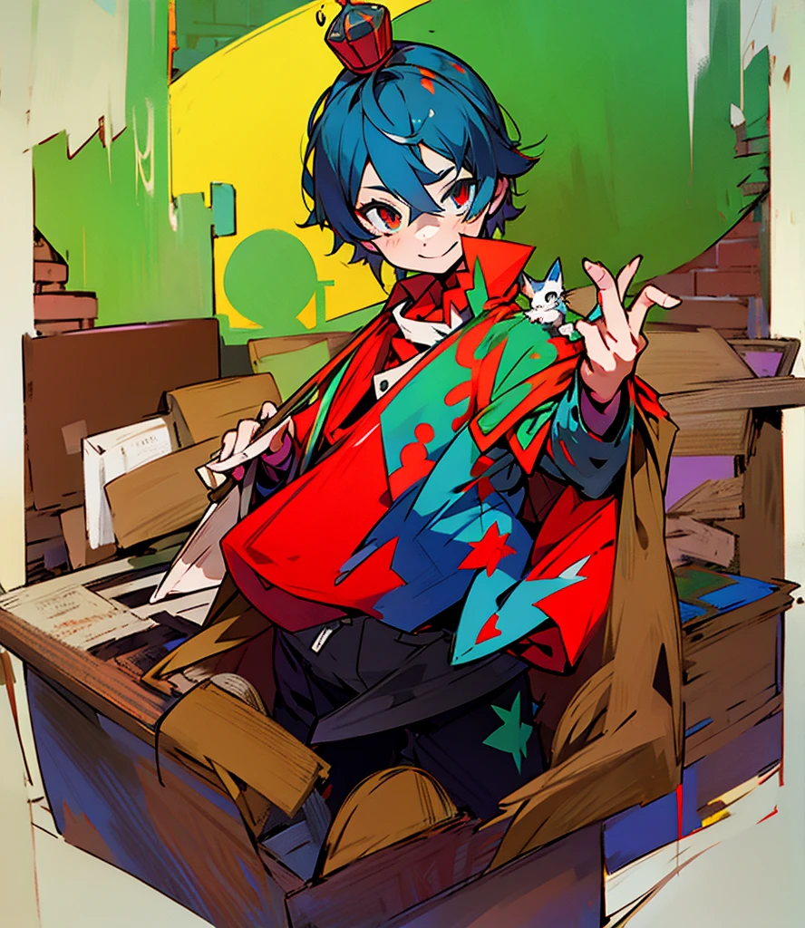 Create a boy, a 10-year-old  who has a blue, red, green and yellow crown that has the symbol of the reverse of one on the ends and he has some bricklaying tools on his back, a mini kitten on his shoulder, a red shirt with a very cute cat on the print and have black pants and very bright red eyes and a big, beautiful smile
