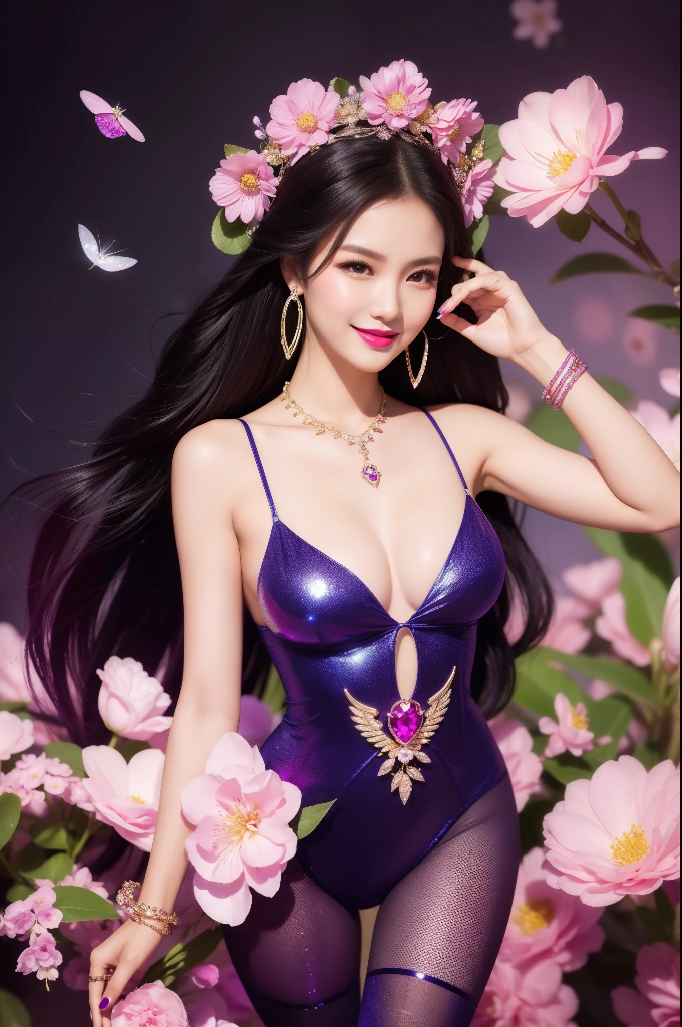 sexy Thai model who controls poison、beautiful smile、lipgloss、bold lipstick、intense makeup、look at the camera、full body Esbian、、sparkling poisoned flower costume、、、、sparkling Colorful hair、secrete poison、skull hair accessories、sexy tights、shiny sparkling flowers background