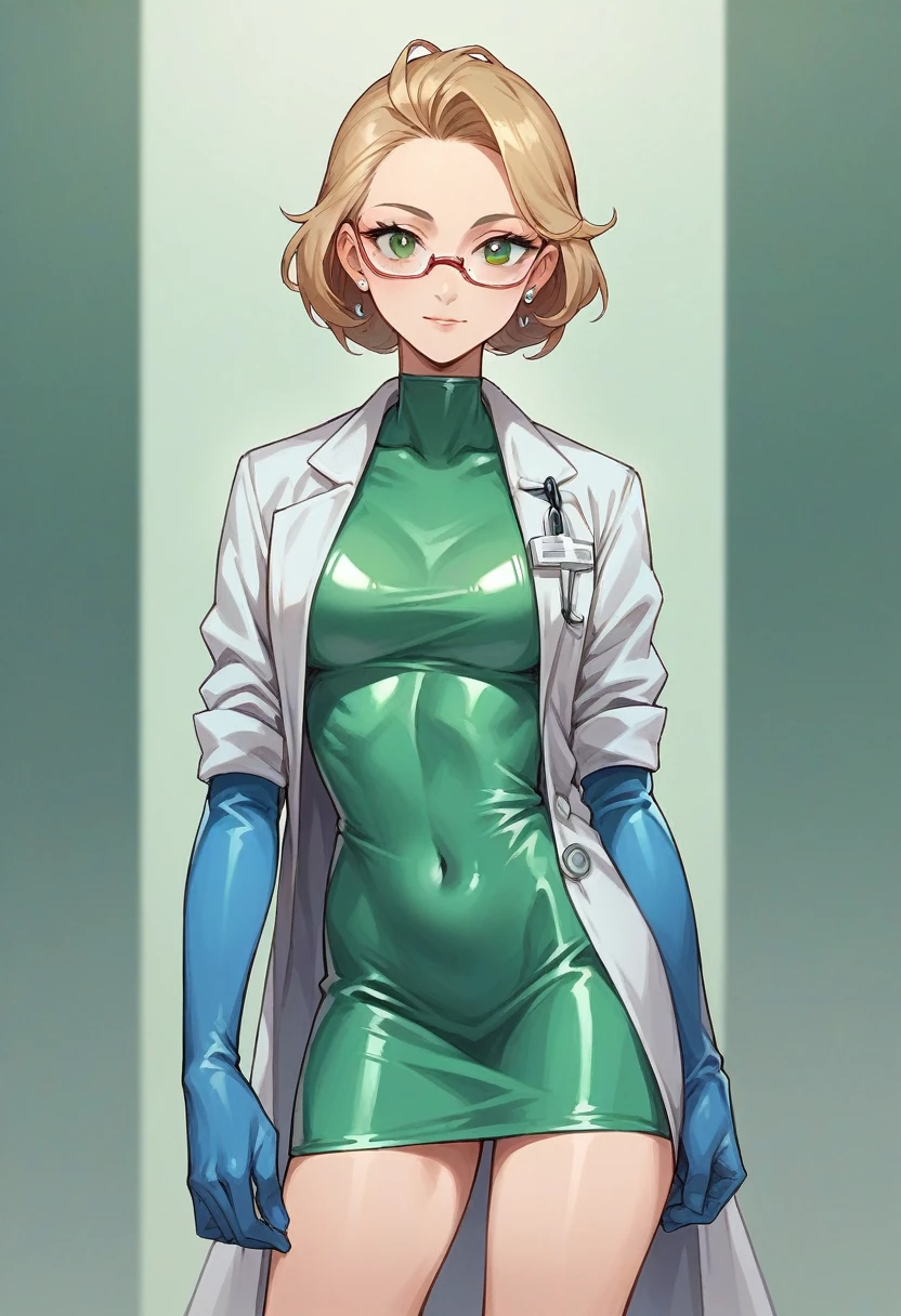 1girl, ((blue elbow gloves)), ((surgical gloves)), ((latex gloves)), ((long sleeves)) ((green surgeon outfit)), looking at viewer, ((doctor)), standing, solo