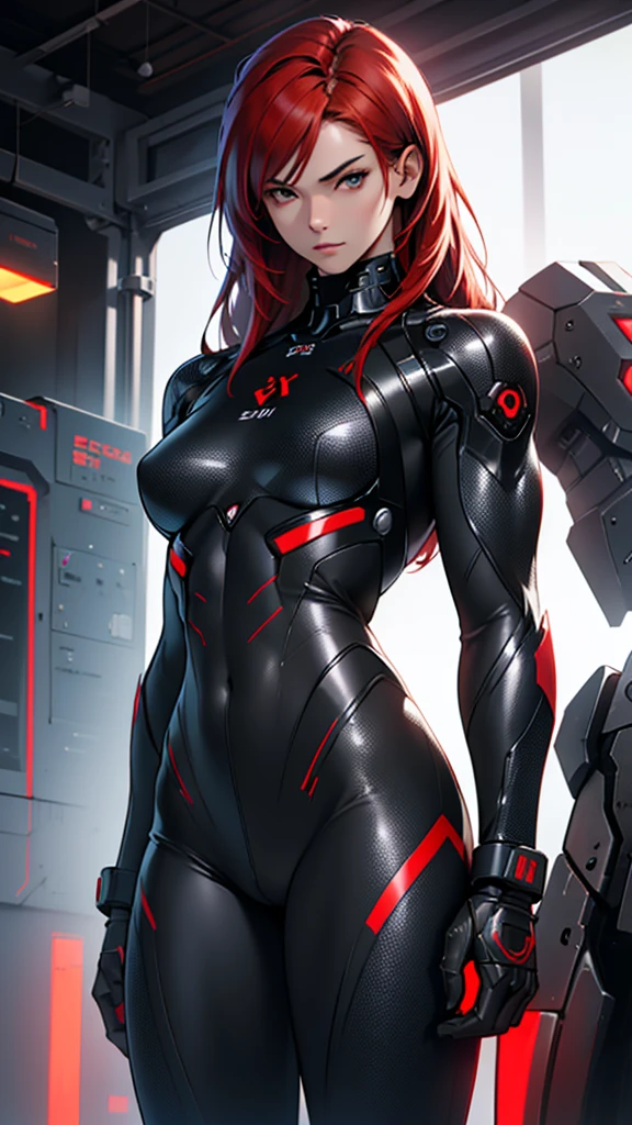 Beautiful cybernetic girl 18 years old detailed muscles realistic masterpieces full figure pose (best quality,ultra-detailed), unique red hair, fair skin, fit body, slim figure, narrow waist, (cocky expression), black carbon fiber cybernetic mobile combat suit