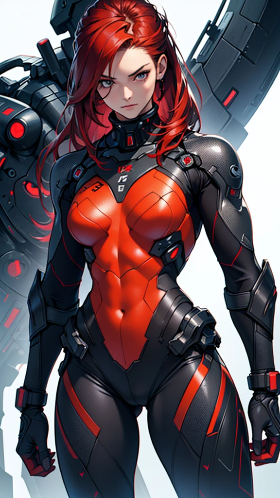 Beautiful cybernetic girl 18 years old detailed muscles realistic masterpieces full figure pose (best quality,ultra-detailed), unique red hair, fair skin, fit body, slim figure, narrow waist, (cocky expression), black carbon fiber cybernetic mobile combat suit