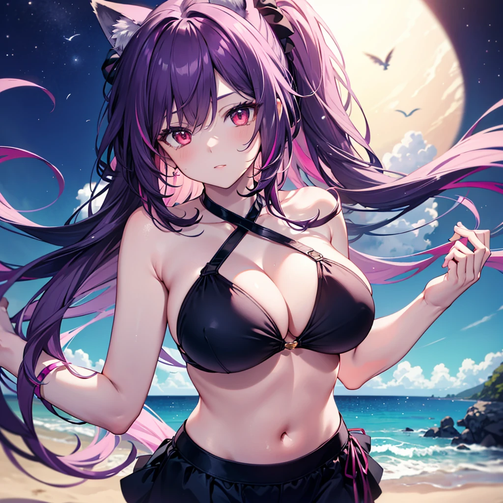 Beautiful foxgirl, big breasts, dark purple hair with pink highlights tips, masterpiece , red eyes, sexy, anime styled, 2D, mature, dynamic angle, long hair, fox tails, best quality, extremely detailed face, sharp details, high contrast, black bikini, beach, night time