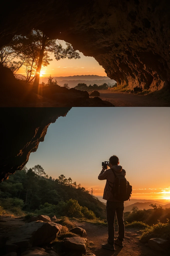 Photographing the sunset from a cave in the forest