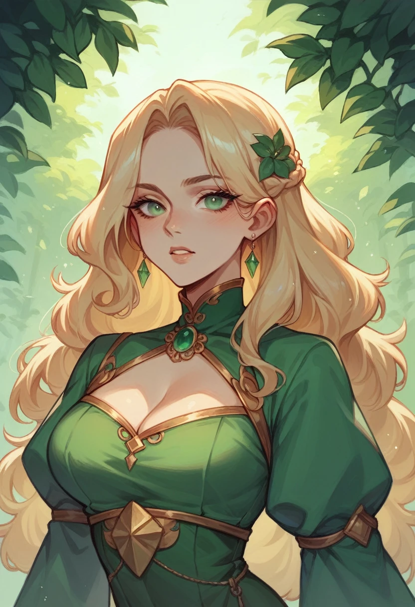 Her long blond hair and green eyes were very eye-catching, and her body was almost perfect. Moreover, she was wearing a green dress that made her beauty to stand out even more.