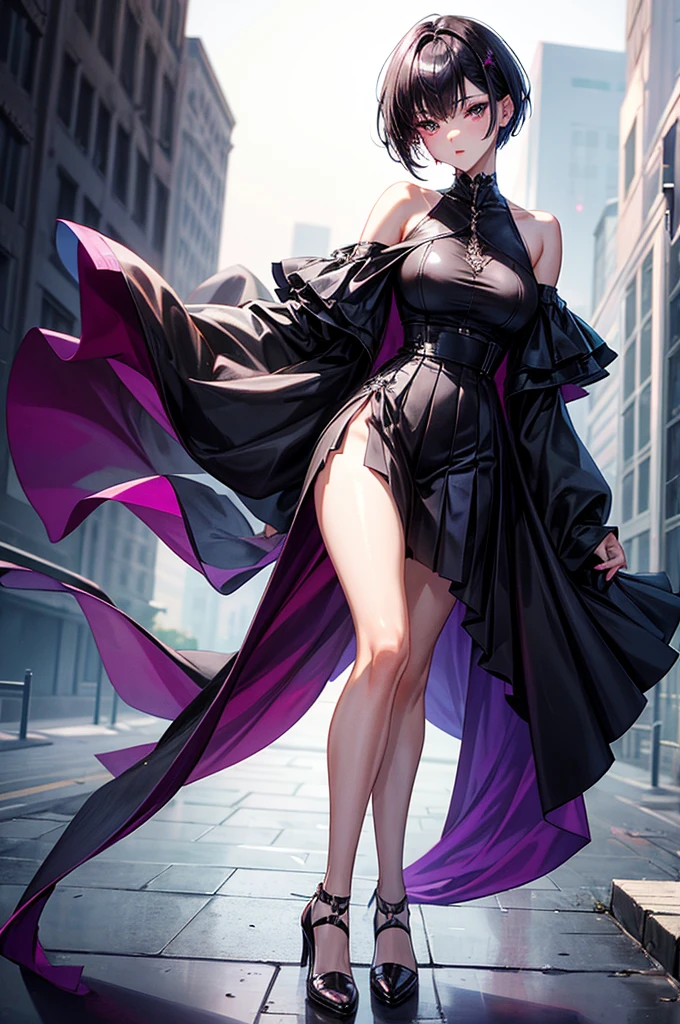 masterpiece, best quality, distinct image, 1 girl, 16 year old ager, off shoulder stylish crop blouse, pleated and elegant skirt, knee length stockings, solo. sharp facial features, oval shaped face, cherry pink lip, lightly tanned white skin, velvet-colored eyes, tall height(175cm), slim yet chiseled body-type, dark violet-black hair, short pixie cut hairstyle, slender legs, curvy hips stretching the dress, full body image, nightlife city background, overlooking the horizon