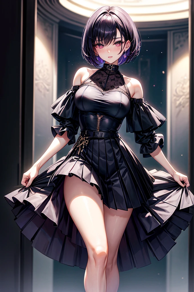 masterpiece, best quality, distinct image, 1 girl, 16 year old teenager, off shoulder stylish crop blouse, pleated and elegant skirt, knee length stockings, solo. sharp facial features, oval shaped face, cherry pink lip, lightly tanned white skin, velvet-colored eyes, tall height(175cm), slim yet chiseled body-type, dark violet-black hair, short pixie cut hairstyle, slender legs, curvy hips stretching the dress, full body image, nightlife city background, overlooking the horizon