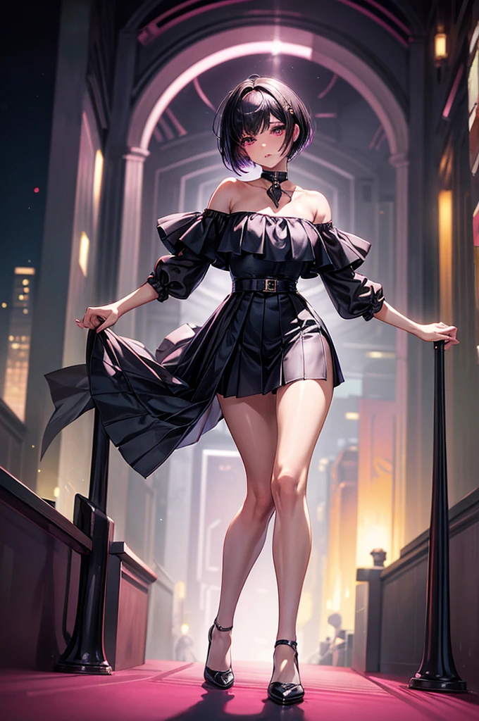 masterpiece, best quality, distinct image, 1 girl, 16 year old teenager, off shoulder stylish crop blouse, pleated and elegant skirt, knee length stockings, solo. sharp facial features, oval shaped face, cherry pink lip, lightly tanned white skin, velvet-colored eyes, tall height(175cm), slim yet chiseled body-type, dark violet-black hair, short pixie cut hairstyle, slender legs, curvy hips stretching the dress, full body image, nightlife city background, overlooking the horizon