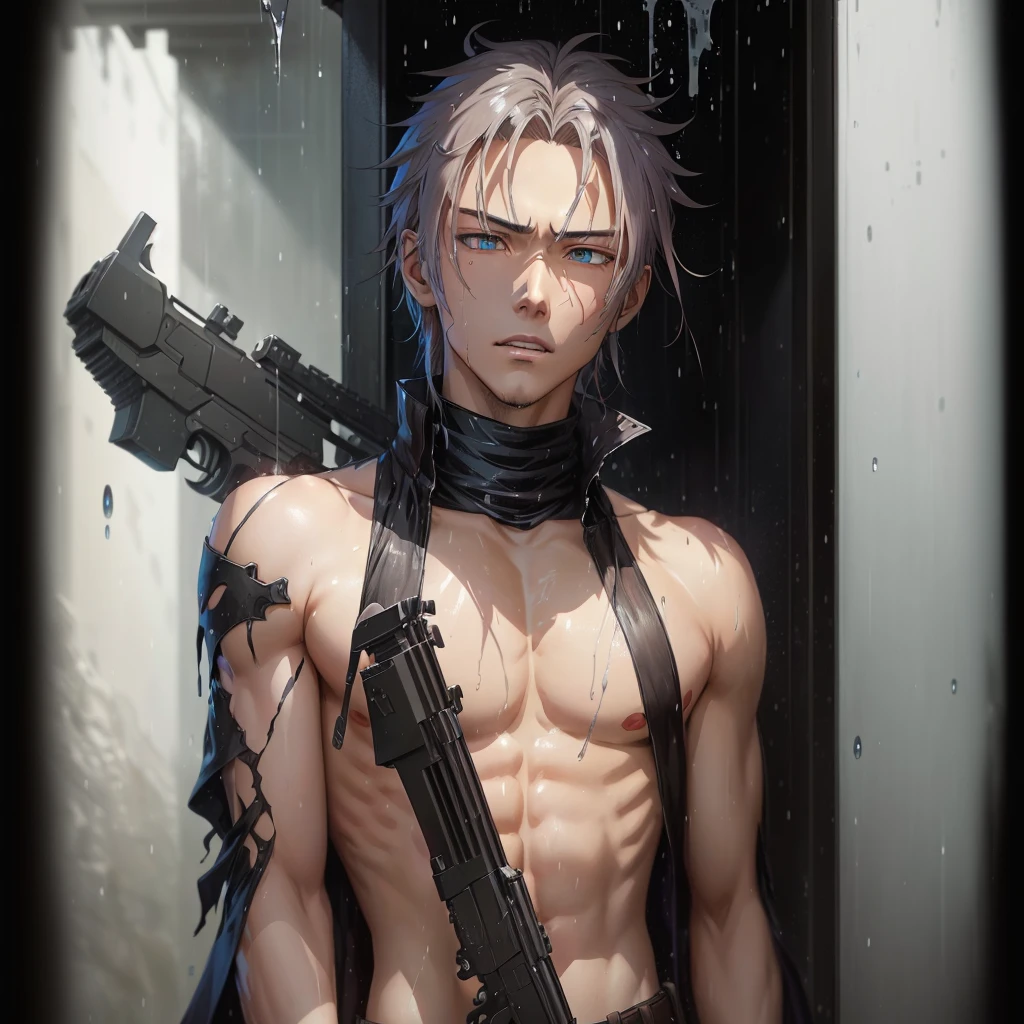 anime character with a gun in the rain, handsome guy in demon slayer art, male anime character, detailed digital anime art, tall anime guy with blue eyes, water dripping off him, detailed anime character art, from attack on titan, shirtless :: high detail, killy from blame!, artwork in the style of guweiz, clean detailed anime art