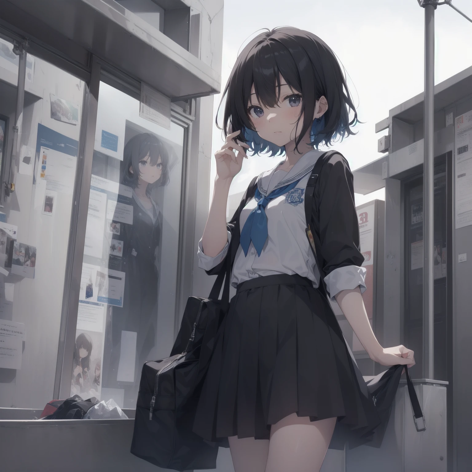 ultra-absurdres-Top quality by artist God, ultra-detailed, high resolution, anime moe artstyle, best anime 8k konachan wallpaper, pixiv contest winner, pool:2810, perfect anatomy,break, 1girl, (Please draw a girl walking sleepily to school alone. )break,(Solo,little female, 13-year-old:1.3),Full limbs, complete fingers,a junior high school student, (very short hair), short cut, flat chest, , small butt, small black eyes, beautiful detailed eyes, well-proportioned iris and pupils, expressive eyes, highres detailed hair, soft expression, salor school_uniform, sailor collar, serahuku, bow, pleated skirt,(Detailed Lighting), (Detailed background), in the School commute route. break,dewy skin, perspiration on the skin,skin texture, fine lines, pores, natural imperfections,light reflections, glossy skin, shiny skin,break, Best cinematic lighting powered by famous artist, 8k,beauty illustration,photoshop_(medium),very aesthetic,break,((artist:enkyo_yuuichirou )), artist:clamp ,artist:carnelian ,artist:kantoku ,