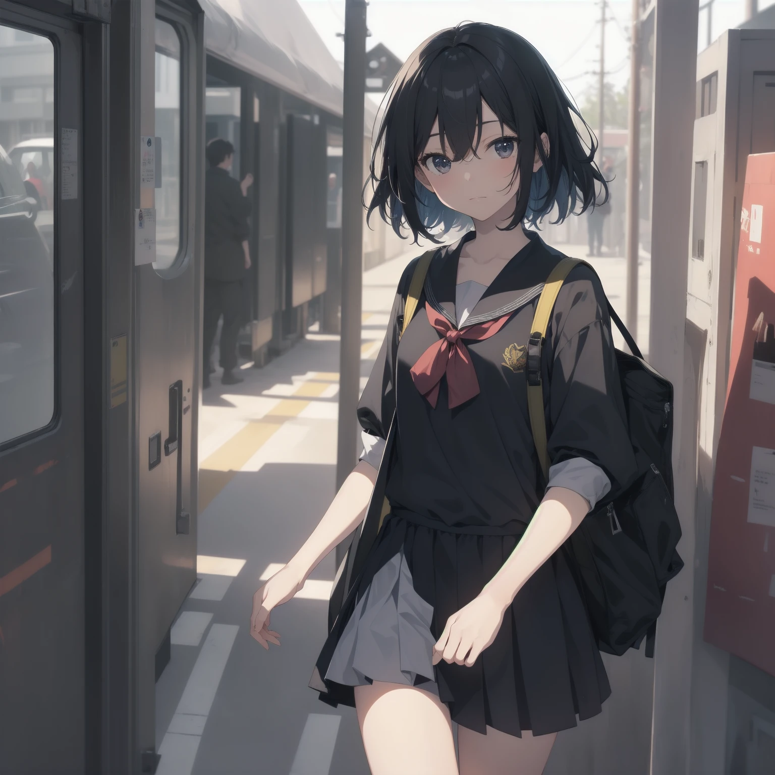 ultra-absurdres-Top quality by artist God, ultra-detailed, high resolution, anime moe artstyle, best anime 8k konachan wallpaper, pixiv contest winner, pool:2810, perfect anatomy,break, 1girl, (Please draw a girl walking sleepily to school alone. )break,(Solo,little female, 13-year-old:1.3),Full limbs, complete fingers,a junior high school student, (very short hair), short cut, flat chest, , small butt, small black eyes, beautiful detailed eyes, well-proportioned iris and pupils, expressive eyes, highres detailed hair, soft expression, salor school_uniform, sailor collar, serahuku, bow, pleated skirt,(Detailed Lighting), (Detailed background), in the School commute route. break,dewy skin, perspiration on the skin,skin texture, fine lines, pores, natural imperfections,light reflections, glossy skin, shiny skin,break, Best cinematic lighting powered by famous artist, 8k,beauty illustration,photoshop_(medium),very aesthetic,break,((artist:enkyo_yuuichirou )), artist:clamp ,artist:carnelian ,artist:kantoku ,