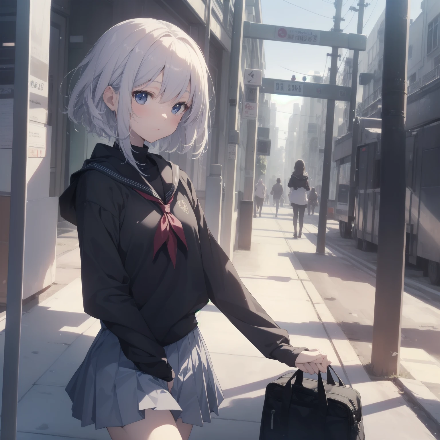 ultra-absurdres-Top quality by artist God, ultra-detailed, high resolution, anime moe artstyle, best anime 8k konachan wallpaper, pixiv contest winner, pool:2810, perfect anatomy,break, 1girl, (Please draw a girl walking sleepily to school alone. )break,(Solo,little female, 13-year-old:1.3),Full limbs, complete fingers,a junior high school student, (very short hair), short cut, flat chest, , small butt, small black eyes, beautiful detailed eyes, well-proportioned iris and pupils, expressive eyes, highres detailed hair, soft expression, salor school_uniform, sailor collar, serahuku, bow, pleated skirt,(Detailed Lighting), (Detailed background), in the School commute route. break,super detailed skin, Best cinematic lighting powered by famous artist, 8k,beauty illustration,photoshop_(medium),very aesthetic,break,((artist:enkyo_yuuichirou )), artist:clamp ,artist:carnelian ,artist:kantoku ,