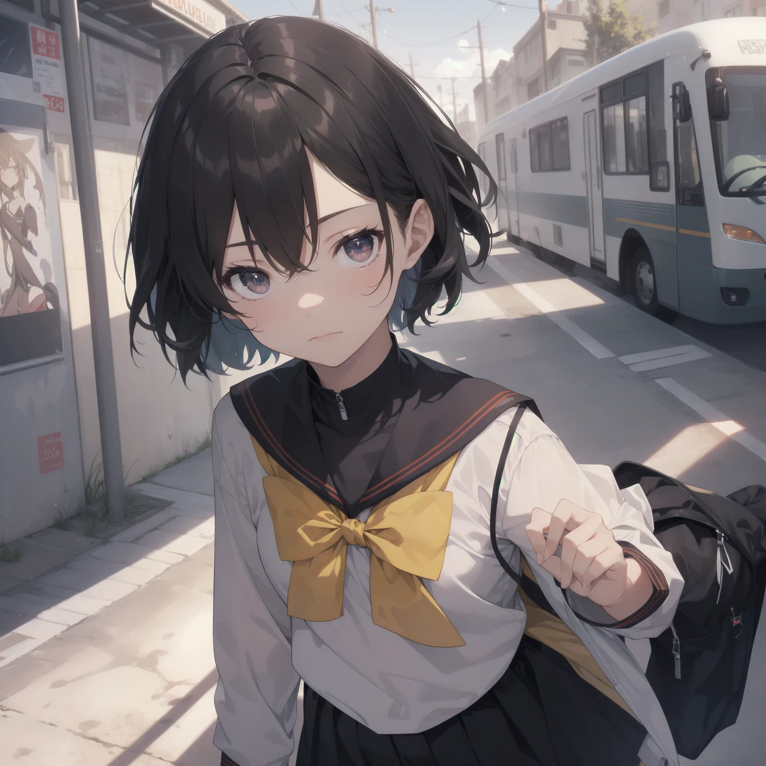ultra-absurdres-Top quality by artist God, ultra-detailed, high resolution, anime moe artstyle, best anime 8k konachan wallpaper, pixiv contest winner, pool:2810, perfect anatomy,break, 1girl, (Please draw a girl walking sleepily to school alone. )break,(Solo,little female, 13-year-old:1.3),Full limbs, complete fingers,a junior high school student, (very short hair), short cut, flat chest, , small butt, small black eyes, beautiful detailed eyes, well-proportioned iris and pupils, expressive eyes, highres detailed hair, soft expression, salor school_uniform, sailor collar, serahuku, bow, pleated skirt,(Detailed Lighting), (Detailed background), in the School commute route. break,super detailed skin, Best cinematic lighting powered by famous artist, 8k,beauty illustration,photoshop_(medium),very aesthetic,break,((artist:enkyo_yuuichirou )), artist:clamp ,artist:carnelian ,artist:kantoku ,
