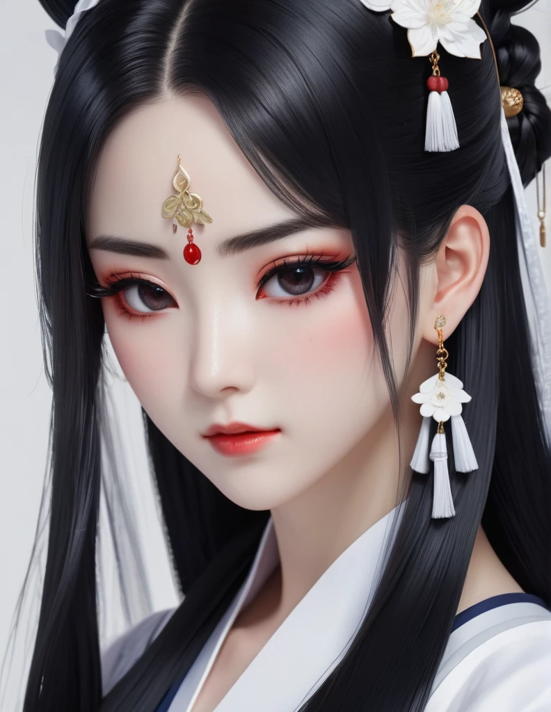 quality(8k wallpaper of extremely detailed CG unit, masterpiece, hight resolution, top-quality, top-quality real texture skin,hyper realisitic, digitial painting,increase the resolution,RAW photos,best qualtiy,highly detailed,the wallpaper),BREAK,8K, onmyoji-style art, black long hair , white skin , white maid dress , full face, close up shot, frontal shot, earrings, piercings, covered whit eyepatch, white background,