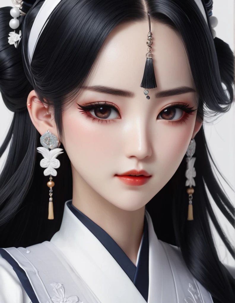 quality(8k wallpaper of extremely detailed CG unit, ​masterpiece, hight resolution, top-quality, top-quality real texture skin,hyper realisitic, digitial painting,increase the resolution,RAW photos，best qualtiy,highly detailed,the wallpaper),BREAK,8K, onmyoji-style art,  black long hair , white skin , white maid dress , full face, close up shot,  frontal shot,  earrings, piercings, covered whit eyepatch, white background, 