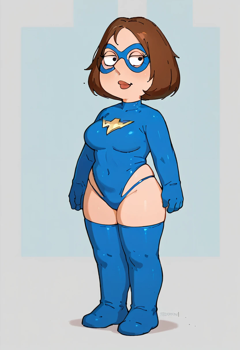 1girl, , , brown hair,,domino mask,blue superhero clothes, thong, ,full body,big breasts,wide hips,hourglass body