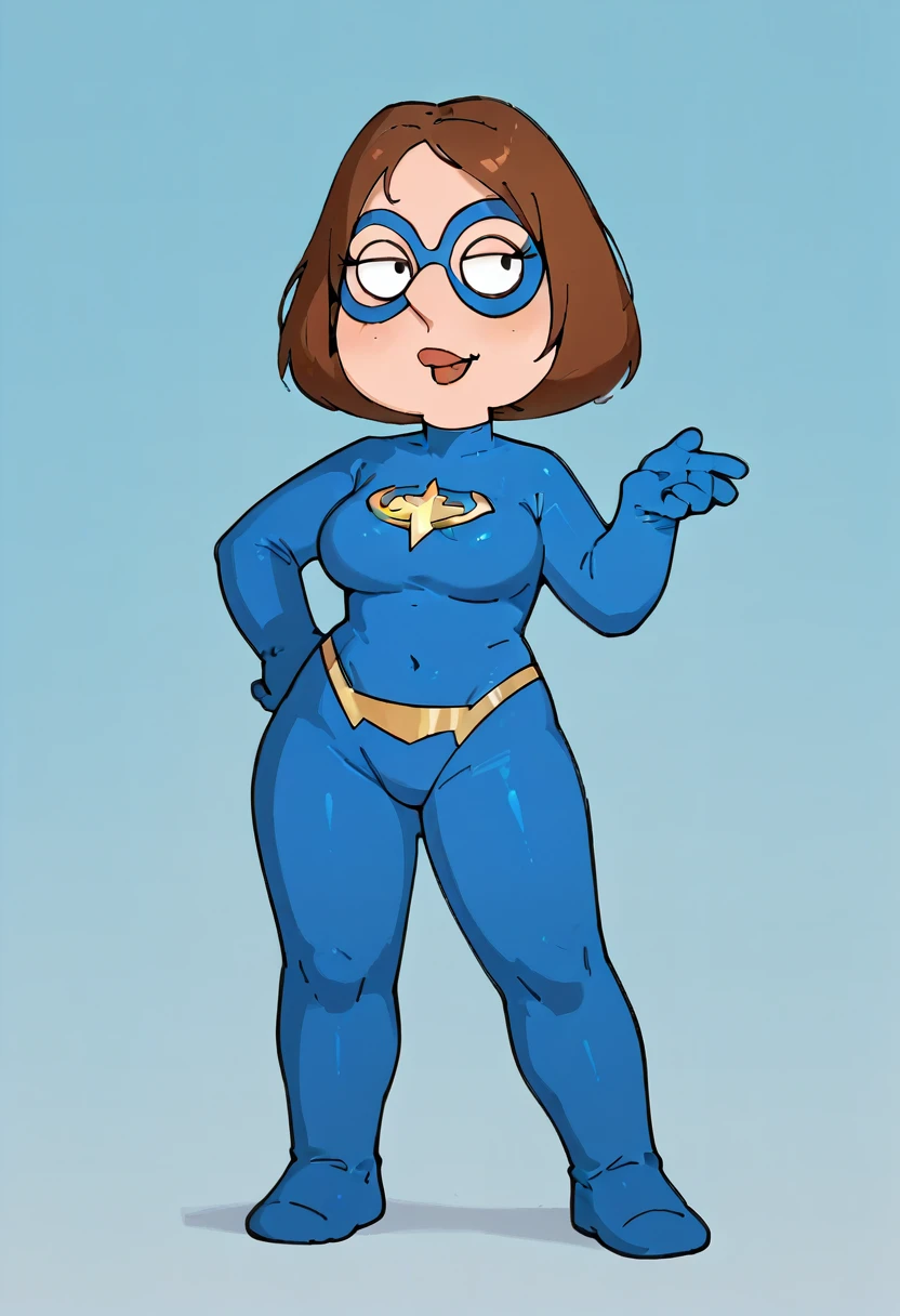 1girl, , , brown hair,,domino mask,blue superhero clothes, thong, ,full body,big breasts,wide hips,hourglass body