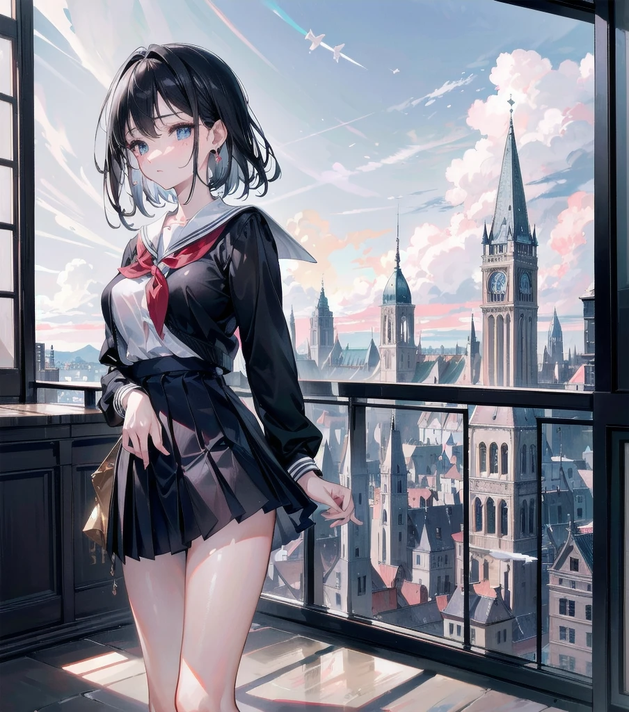 absurdres, RAW photo, extremely delicate and beautiful, masterpiece, Best Quality, ultra high resolution, 32k, hyperrealistic, ultra-detailed, in her 20s, delicate facial features, tearful mole, earring,  medium breasts, full body shot, shorter middle hair, black hair, ((school uniform)), Sky, Clouds, Architecture, Science Fiction, Cities, 