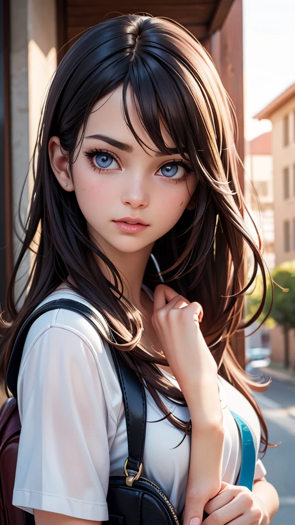 best quality, 4k, 8k, highres, masterpiece:1.2), ultra-detailed, (realistic, photorealistic, photo-realistic:1.37), playful, cartoon, student (girl), school bag, surprised, white t shirt, outdoor, 3d rendering, beautiful detailed eyes, beautiful detailed lips, extremely detailed eyes and face, longeyelashes, colourful, soft lighting, lovely house, lively atmosphere