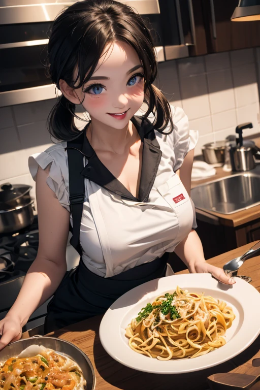 (dynamic angle:1.3, front view:1.1, breast focus:1.3, from above:1.1), (dynamic posing:1.2, sexy posing:1.2), (seductive smiling:1.3), ((holding Pasta on a plate,Taking the pasta out of the pan, worried about the outcome:1.2)),highest quality、(real、photorealistic:1.4),(ultra high resolution, 8K RAW photo, clear focus), best qualtiy, natural lighting, field depth, (Bright pupils, detailed beautiful eyes, high detailed face), Red lip, (tight focus:1.2), a girl 22yo old, Wearing a pastry chef uniform:1.3 , Thicc, thin breast, long hair, blue eyes,garter stocking, cleavage:1.2, midriff, black shorts, black thighhighs, thigh strap, pretty girl, (highly detailed beautiful face and eyes,firm breasts),real skin,((black,hair,long pony tail hair)),thin pubic hair,cute,lovely, detailed eyes,(double breasted:1.0,under bust:1.0),(with sparkling eyes and a contagious smile),open mouth, Looking at Viewer,A scene of make cooking Carbonara Pasta in the kitchen