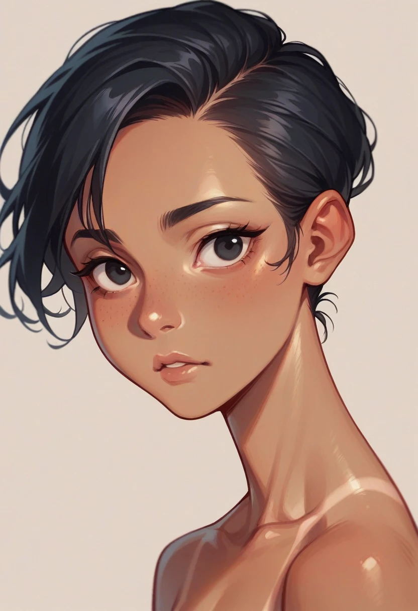 Beautiful tan girl with black eyes color, black hair color, with flat nose ,and round face