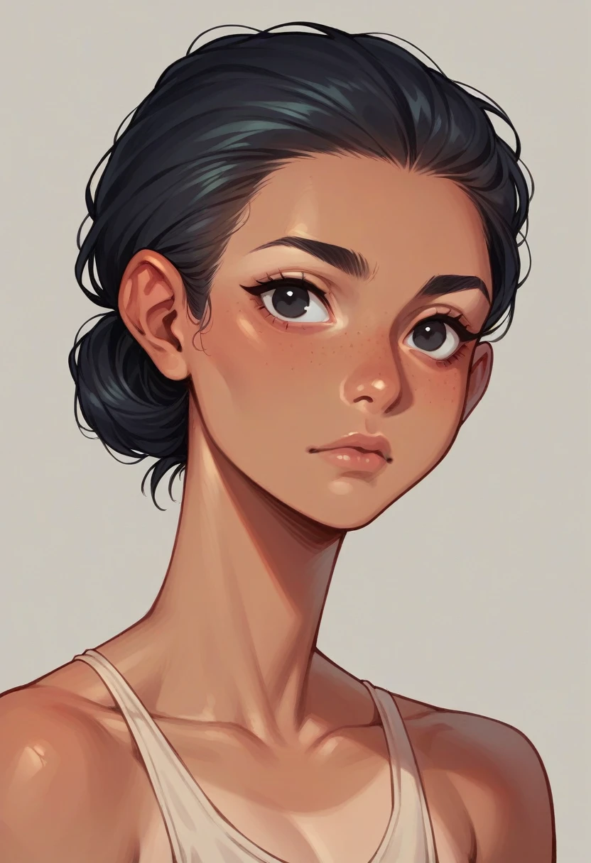 Beautiful tan girl with black eyes color, black hair color, with flat nose ,and round face