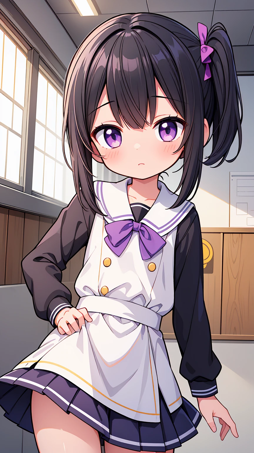 (High quality), (masterpiece), (very detailed), (dynamic lighting), (), girl, (very small bust), short black hair, hairstyle with a side ponytail, purple eyes, shy face, (primary school lolihowing her thighs, on the school yard, sunny, camera angle from below, adorable eyes, (primar school uniform), detailed hands, more details