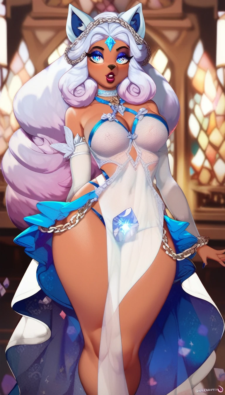 Visualize an (((anthropomorphic sapphire jelly deity))), with intricate ornate details, (((flowing translucent sapphire and white jelly hair))), (((striking shiny sapphire eyes))), (((luxuriously parted ruby lips))), elegantly dressed in a (((jelly translucent dress adorned with crystals and gothic chains))), (confidently dancing) with a (dreamlike fantastical backdrop), evoking the essence of a (Todd McFarlane-esque advanced spellcaster) defying silhouette, popping against a (hyper-detailed, fantasy cinematic backdrop) lighting techniques illuminating every intricate detail, bringing this fantasy image to life in vivid 8K resolution