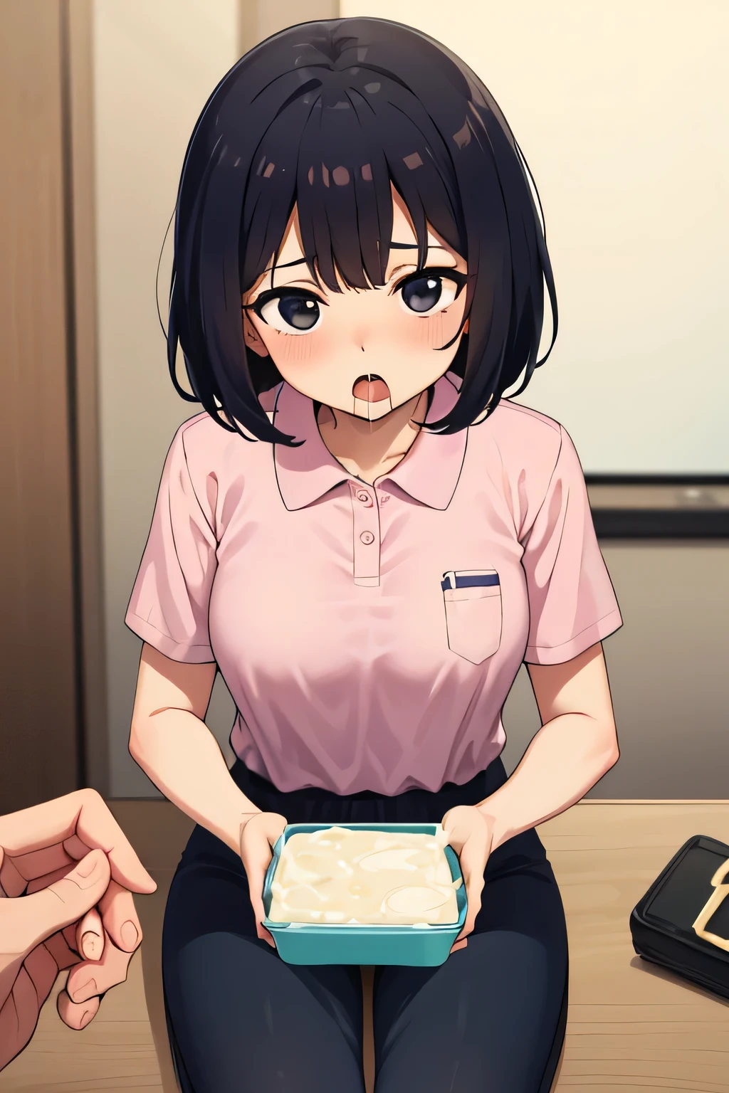 Highest quality, High resolution, 1.female, Reluctance Nausea Black eyes (There is semen on the lunch box:1) Cute Looking down Pink polo shirt  Short hair, Black Hair,  seiza,  Focus on face, lots of semen in mouth, penis,  in lunch box(Subjective) Bukkake