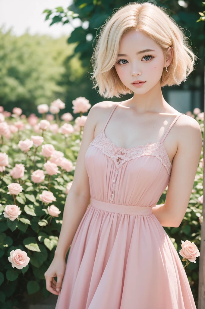 8K, CRU photo, Fujifilm, style photo of a beautiful young woman like Avril in a light pink rose garden (highly detailed skin: 1.2) Style-Petal BREAK short hair, blonde hair with colored highlights, wearing a dress, film grain, 35mm, cute style