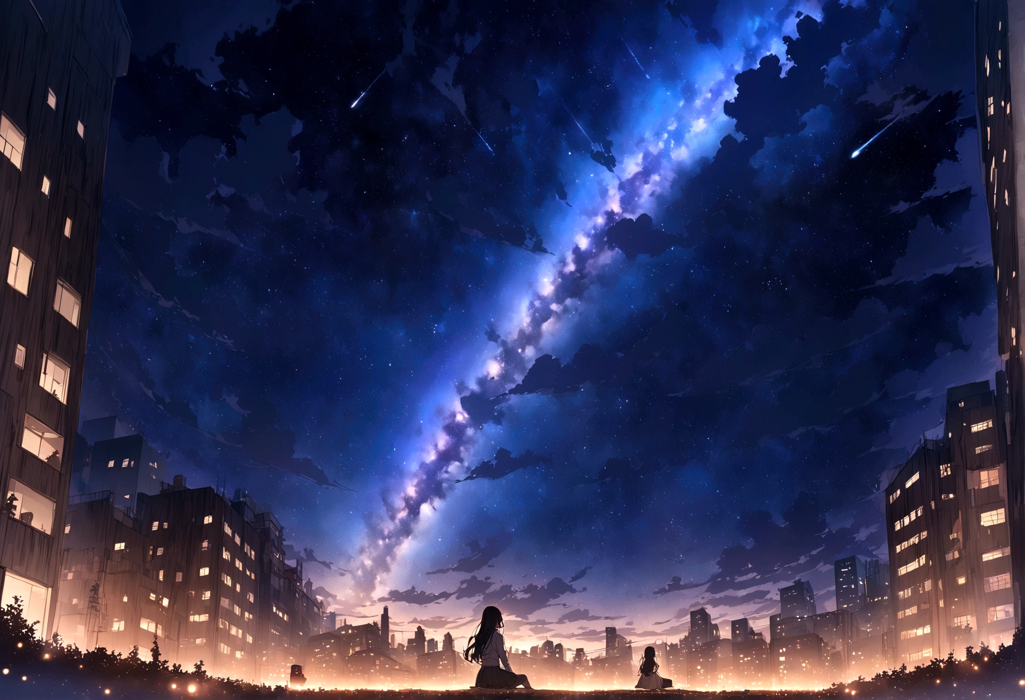 masterpiece,Octane, null, star (null), scenery, starry null, night, One girl, night null, alone, Outdoor, building, cloud, milky way, Sitting, wood, Long Hair, city, silhouette, cityscape,masterpiece,8K