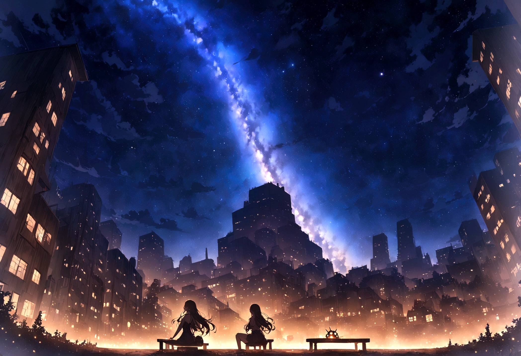 masterpiece,Octane, null, star (null), scenery, starry null, night, One girl, night null, alone, Outdoor, building, cloud, milky way, Sitting, wood, Long Hair, city, silhouette, cityscape,masterpiece,8K