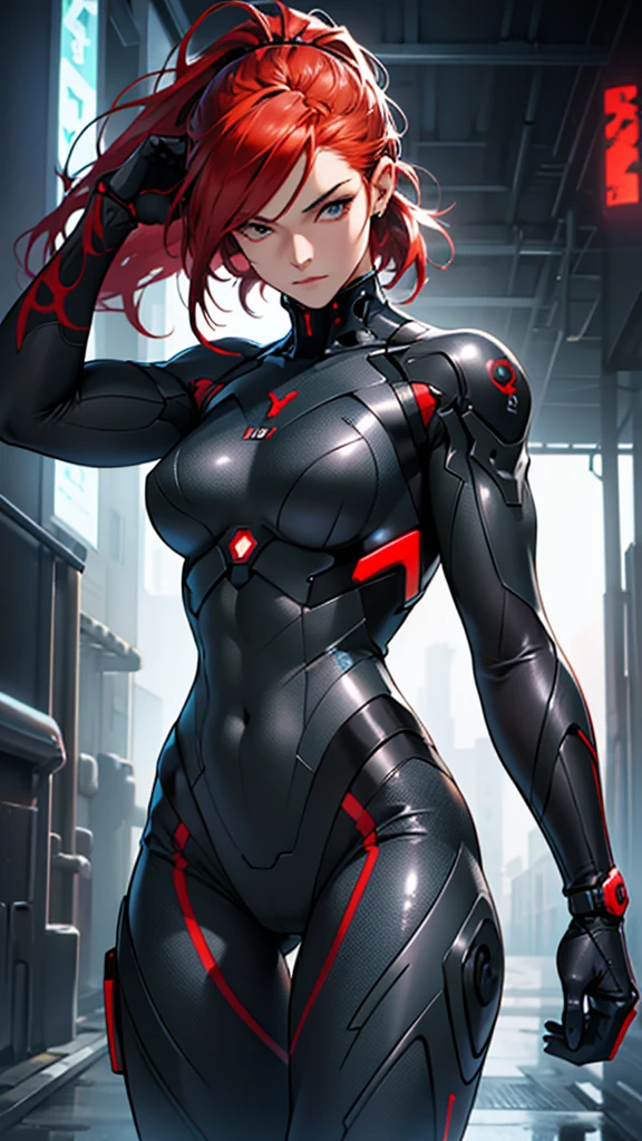 Beautiful cybernetic girl detailed muscles realistic masterpieces full figure pose (best quality,ultra-detailed), unique red hair, fair skin, fit body, slim figure, narrow waist, (cocky expression), black carbon fiber cybernetic mobile combat suit