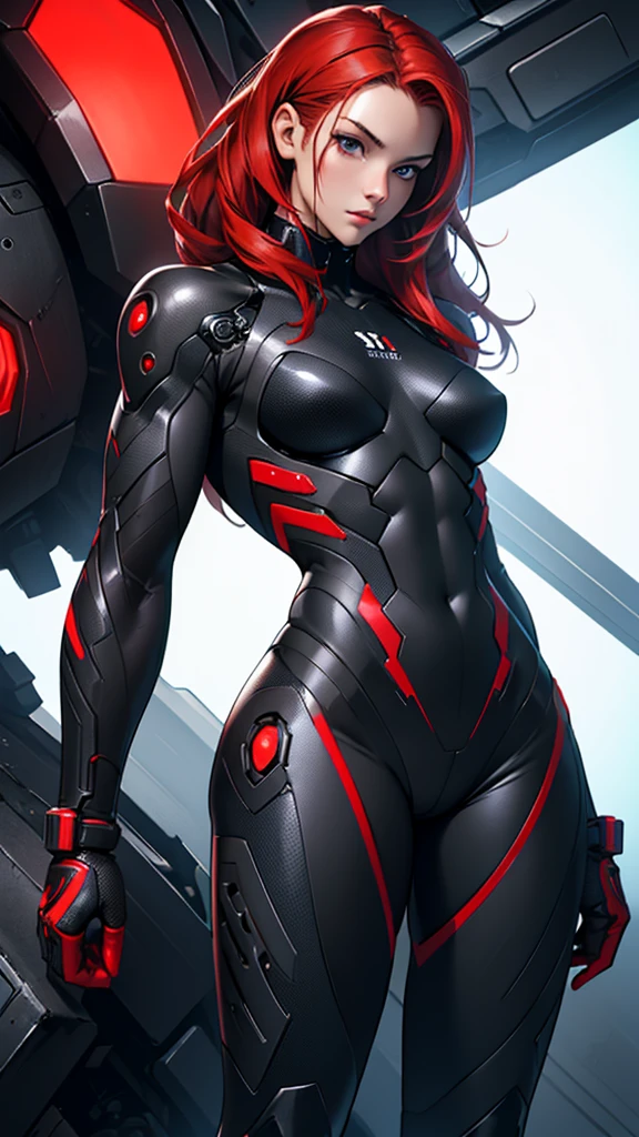 Beautiful cybernetic girl detailed muscles realistic masterpieces full figure pose (best quality,ultra-detailed), unique red hair, fair skin, fit body, slim figure, narrow waist, (cocky expression), black carbon fiber cybernetic mobile combat suit