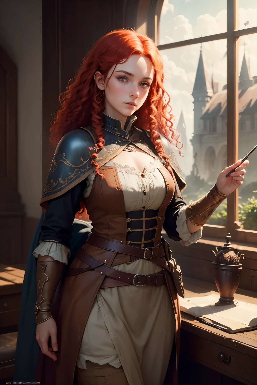 ((best qualityer)), ((work of art)), (detailded), 8K, 4K, hight contrast, work of art, 1 fantasy adventurer ,curly red hair , similar to the works of JRR Tolkien, clear lighting, detailed shadows 
