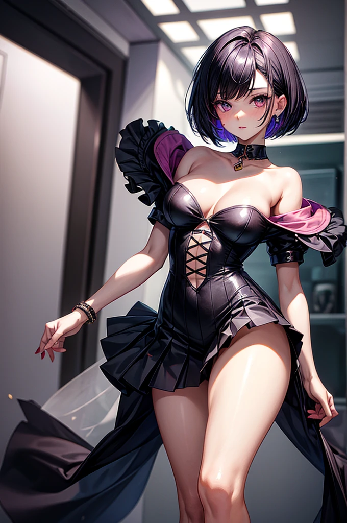 masterpiece, best quality, distinct image, 1 girl, old teenager, off shoulder stylish crop blouse, pleated and elegant skirt, knee length stockings, solo. sharp facial features, oval shaped face, cherry pink lip, lightly tanned white skin, velvet-colored eyes, tall height(175cm), slim yet chiseled body-type, dark violet-black hair, short pixie cut hairstyle, slender legs, curvy hips stretching the dress, full body image