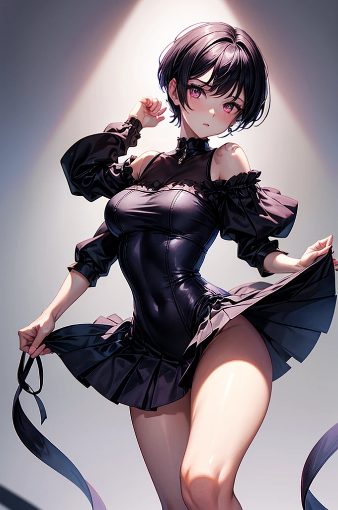 masterpiece, best quality, distinct image, 1 girl,  teenager, oder stylish crop blouse, pleated and elegant skirt, knee length stockings, solo. sharp facial features, oval shaped face, cherry pink lip, lightly tanned white skin, velvet-colored eyes, tall height(175cm), slim yet chiseled body-type, dark violet-black hair, short pixie cut hairstyle, slender legs, curvy hips stretching the dress, full body image