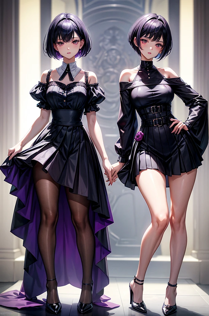 masterpiece, best quality, distinct image, 1 girl, 16 year old ager, off shoulder stylish crop blouse, pleated and elegant skirt, knee length stockings, solo. sharp facial features, oval shaped face, cherry pink lip, lightly tanned white skin, velvet-colored eyes, tall height(175cm), slim yet chiseled body-type, dark violet-black hair, short pixie cut hairstyle, slender legs, curvy hips stretching the dress, full body image