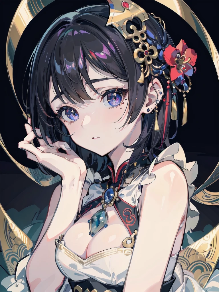 absurdres, RAW photo, extremely delicate and beautiful, masterpiece, Best Quality, ultra high resolution, 32k, hyperrealistic, ultra-detailed, in her 20s, delicate facial features, beautiful detailed girl, extremely detailed eyes and face, tearful mole, earring, medium breasts, (full body shot), shorter middle hair, black hair, jiangshi,