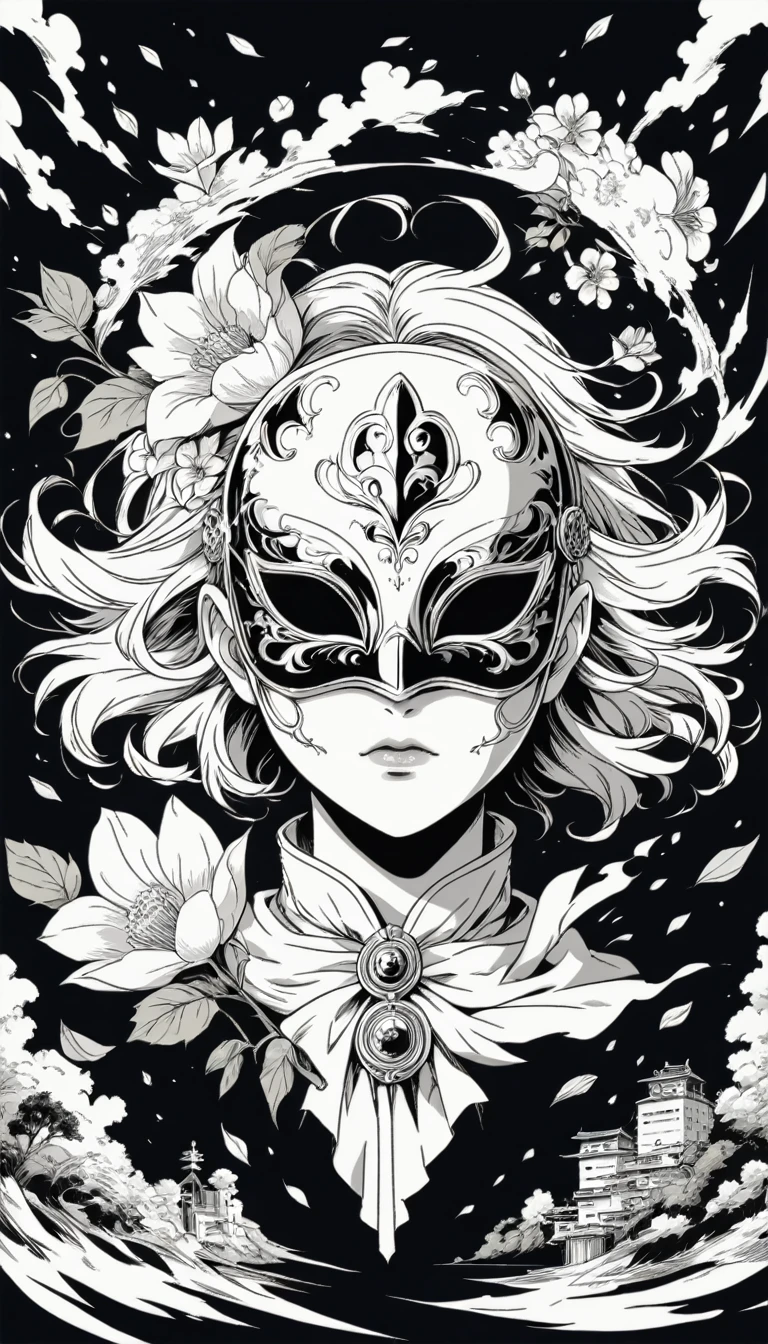 Anime Line Art,Black and White,mask,flower