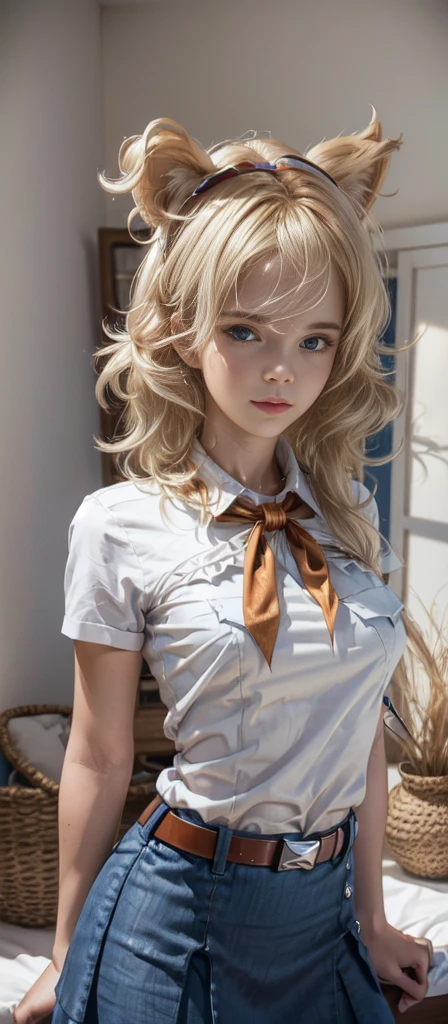 very young slim fit girl, full height, rounded face, (long curly disheveled blond hair:1.4), big blue eyes, shy smile, perfect medium breast, band on head with fake cat ears, monroe, pioneer neckerchief, short tight blue pleated skirt, bangs, tight white shirt, short sleeves, collared shirt, belt, red neckerchief, breast pocket, RAW, high detailed skin, 8k uhd, soft lighting, (masterpiece), (best quality:1.2), absurdres, thick outlines, (vibrant shadows), deep shadows, detailed eyes, full height, (high quality), high detailed background, high detailed face, high detailed finger