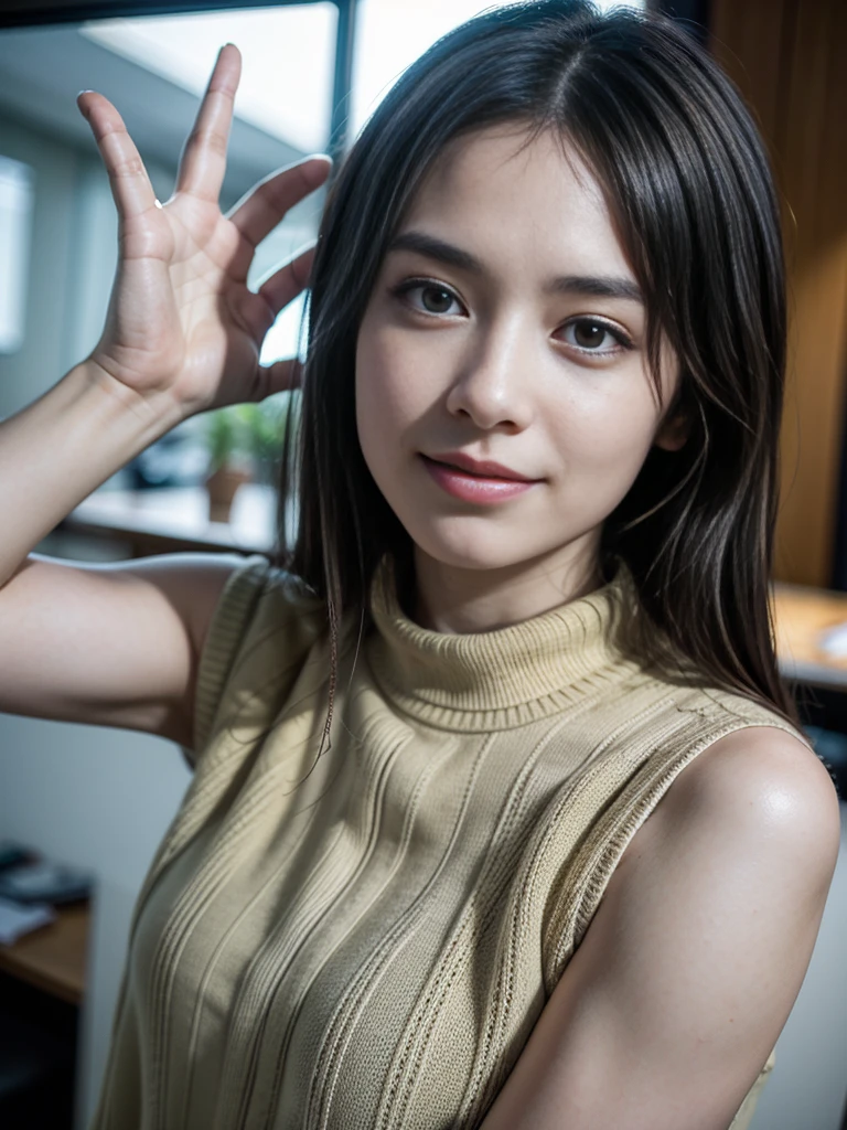 (8K, RAW photo, highest quality, masterpiece:1.3), (realistic, photo-realistic:1.4), (Highly detailed 8K wallpaper), sharp focus, Depth of written boundary,
japanese idol,very cute,(baby face),sleeveless sweater, Look at us and smile, Upper body, highly detailed face and eyes,((shiny skin:1.2)), cinematic lighting, soft light, blur background, Bokeh,(Office, modern, stylish, glass walls, open space:1.2),cowboy shot,underwear