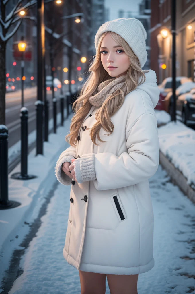 professional photography of a beautiful norwegian girl in winter clothes with long wavy blonde hair, sensual and seductive look, beautiful symmetrical face, beautiful natural makeup, wearing chic warm winter fashion clothing, ((standing outside on the snowy city street)), impressive modern urban environment, ultra realistic, conceptual artwork, chic, highy detailed, intricate, sharp focus, Depth of field, f/1. 8, 85 mm, medium shot, mid shot, (((professional color grading))), soft and bright diffused light, (Volumetric fog), Trends on Instagram, HD 4k, 8K
