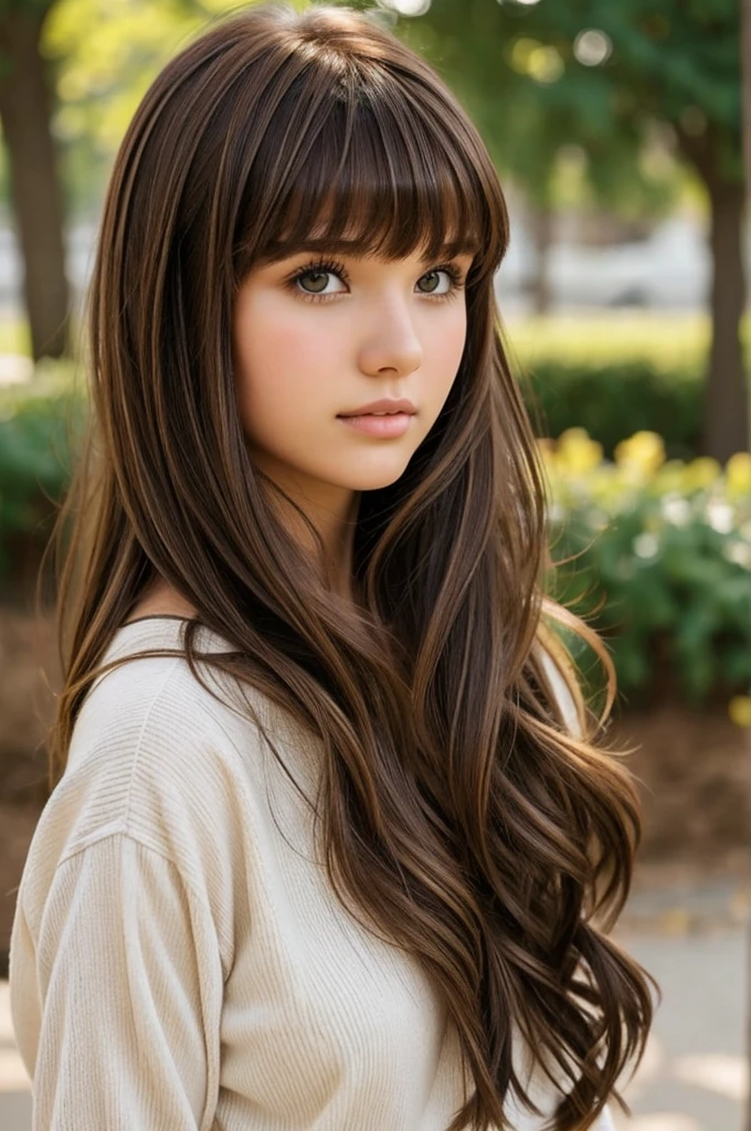 A brown hair with bangs 16 years old girl 