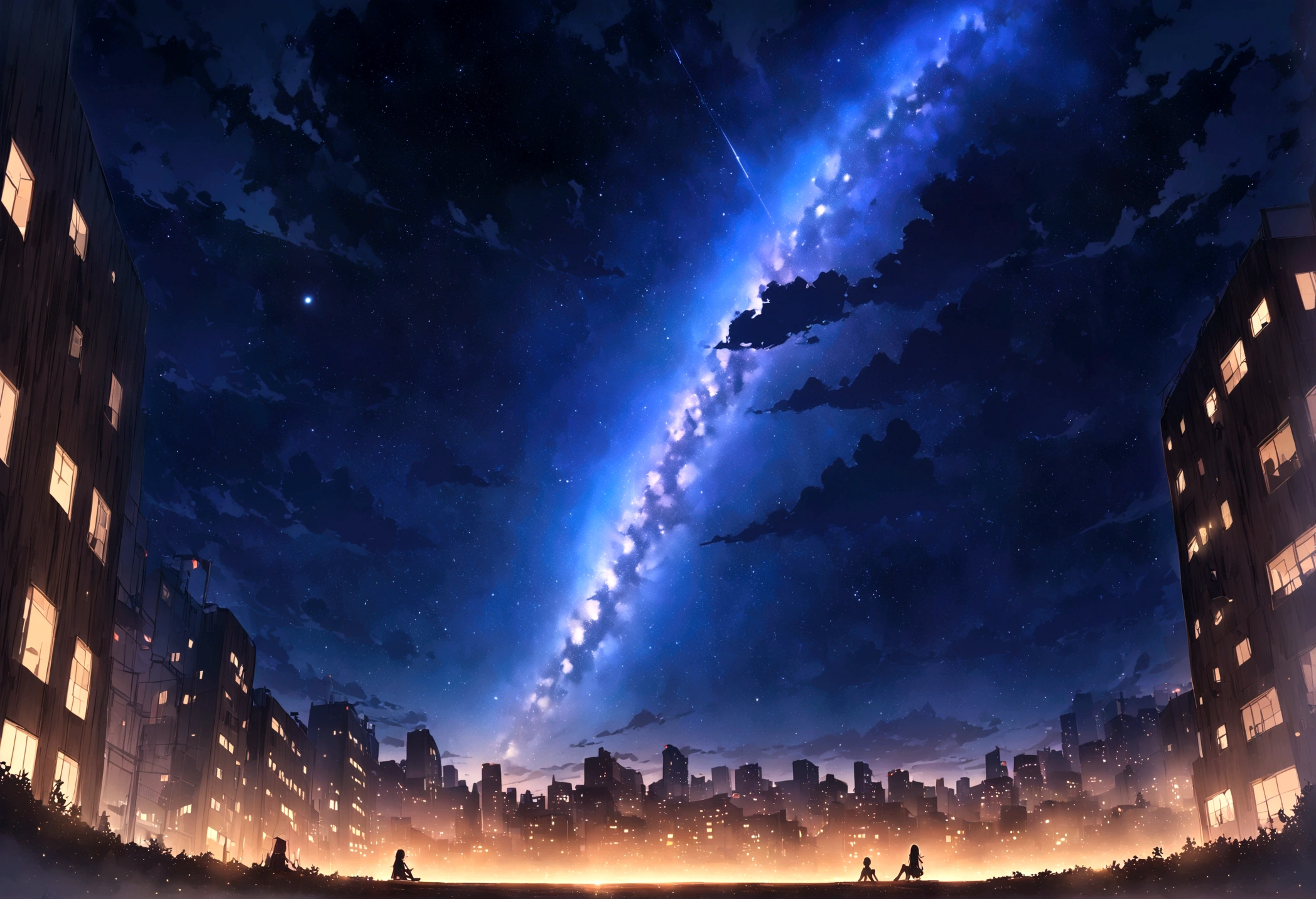 masterpiece,Octane, null, star (null), scenery, starry null, night, One girl, night null, alone, Outdoor, building, cloud, milky way, Sitting, wood, Long Hair, city, silhouette, cityscape,masterpiece,8K