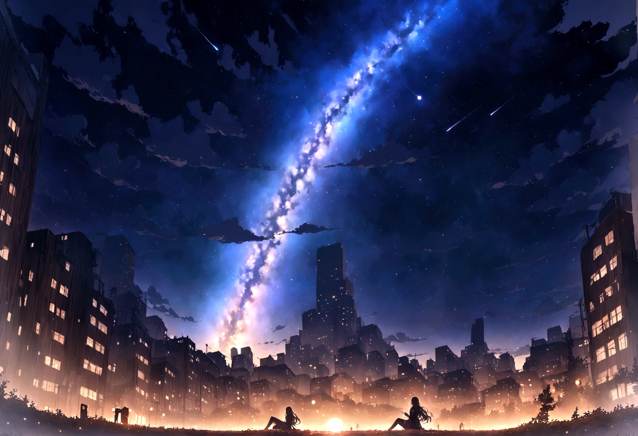 masterpiece,Octane, null, star (null), scenery, starry null, night, One girl, night null, alone, Outdoor, building, cloud, milky way, Sitting, wood, Long Hair, city, silhouette, cityscape,masterpiece,8K