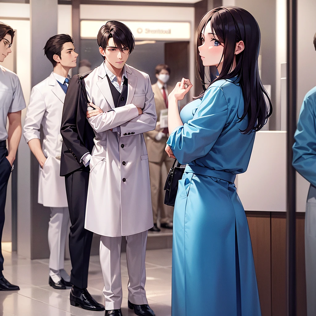 Beautiful nurse, handsome doctor, standing in line, be careful of infectious diseases, hospital background