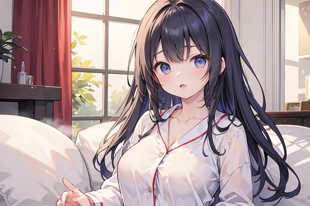 Photorealistic、Highest quality、Highest Resolution、Highest quality、8K、1人のBeautiful woman、Beautiful woman、Beautiful woman、Big Breasts、Inside the house、pajamas、Looks sleepyに目をこする、Looks sleepy、Yawn、